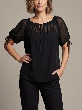 Black Wide-Leg Trousers with Sheer Sleeve Blouse